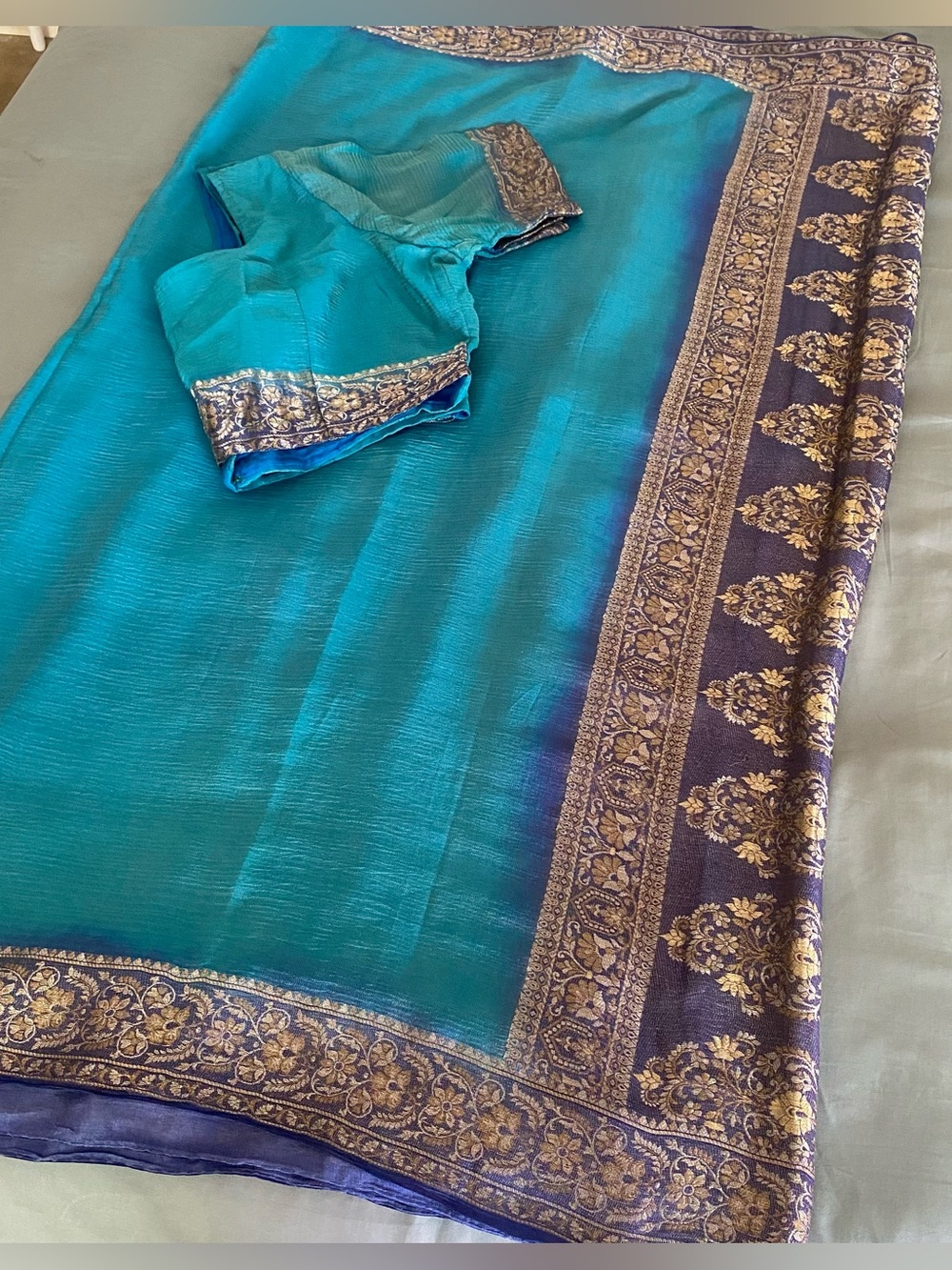 Crush Tissue Indian Saree Teal Blue Shimmer with Large Choli Blouse Vintage Sari